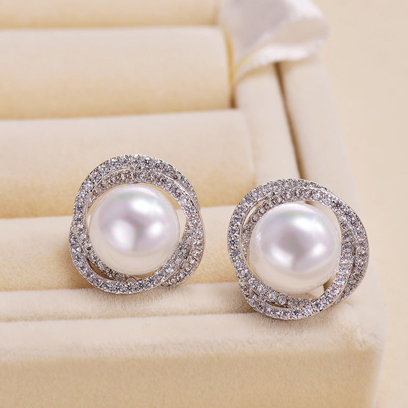 Diamond Rose Pearl Stud Earrings All-match Silver Needle Inlaid With Rhinestone