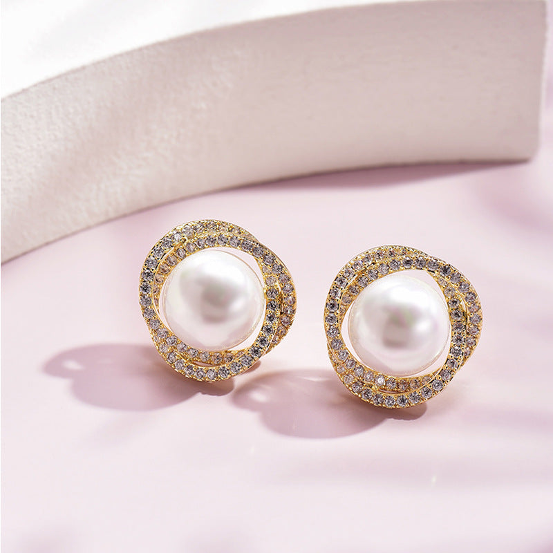 Diamond Rose Pearl Stud Earrings All-match Silver Needle Inlaid With Rhinestone