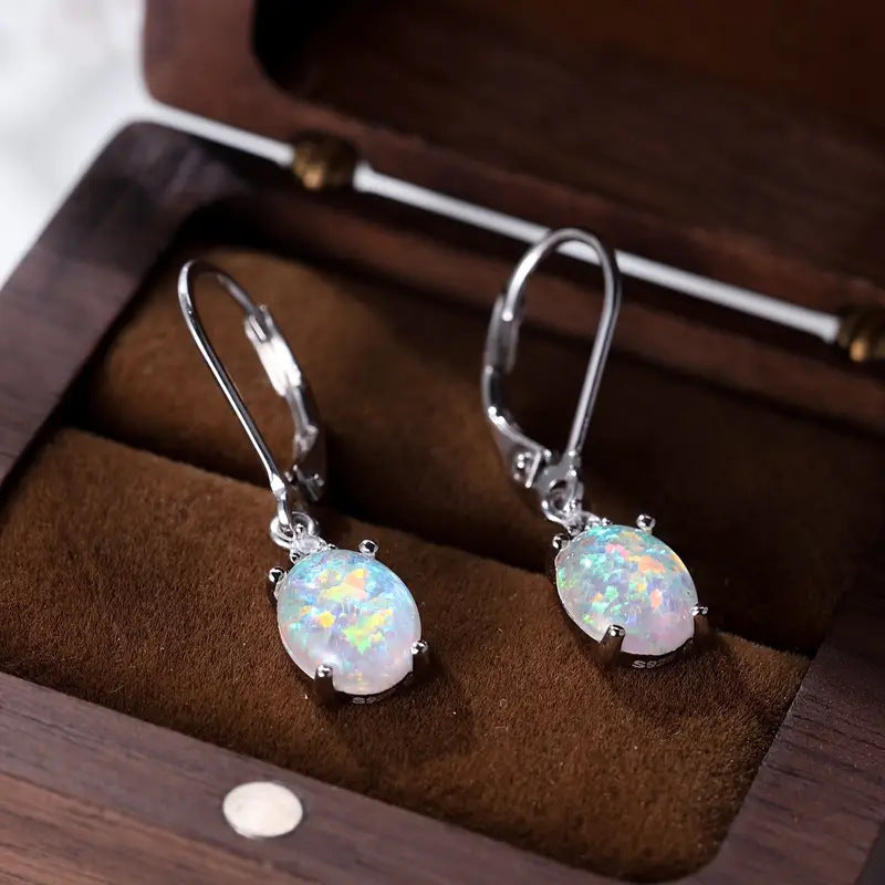 Micro Inlaid Zircon White Gold Plated Opal Earrings