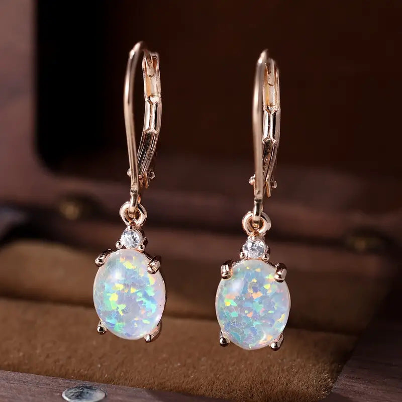 Micro Inlaid Zircon White Gold Plated Opal Earrings