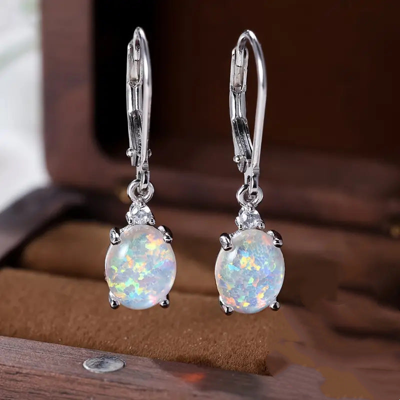 Micro Inlaid Zircon White Gold Plated Opal Earrings