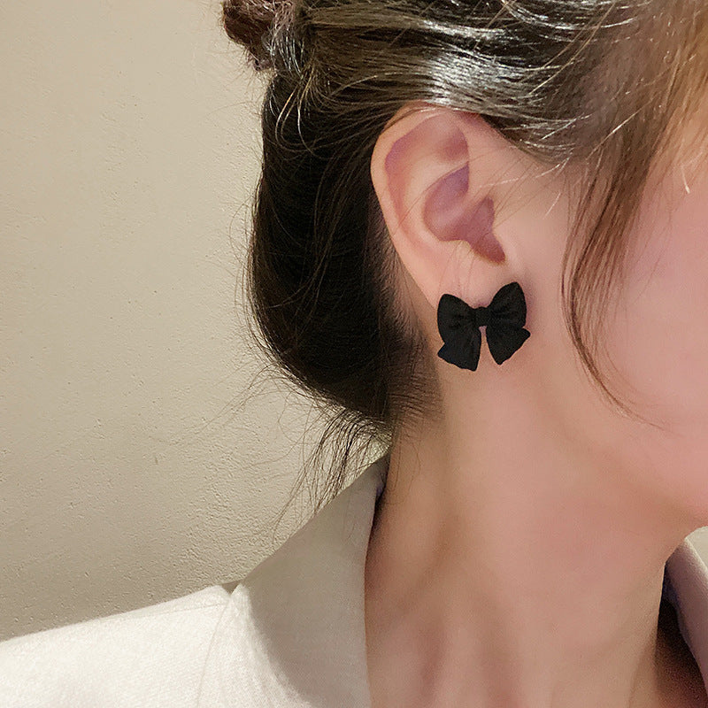 Premium Black Bow Stud Earrings Retro Sterling Silver Needle