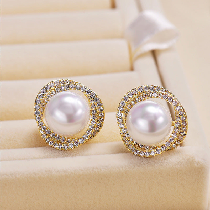 Diamond Rose Pearl Stud Earrings All-match Silver Needle Inlaid With Rhinestone