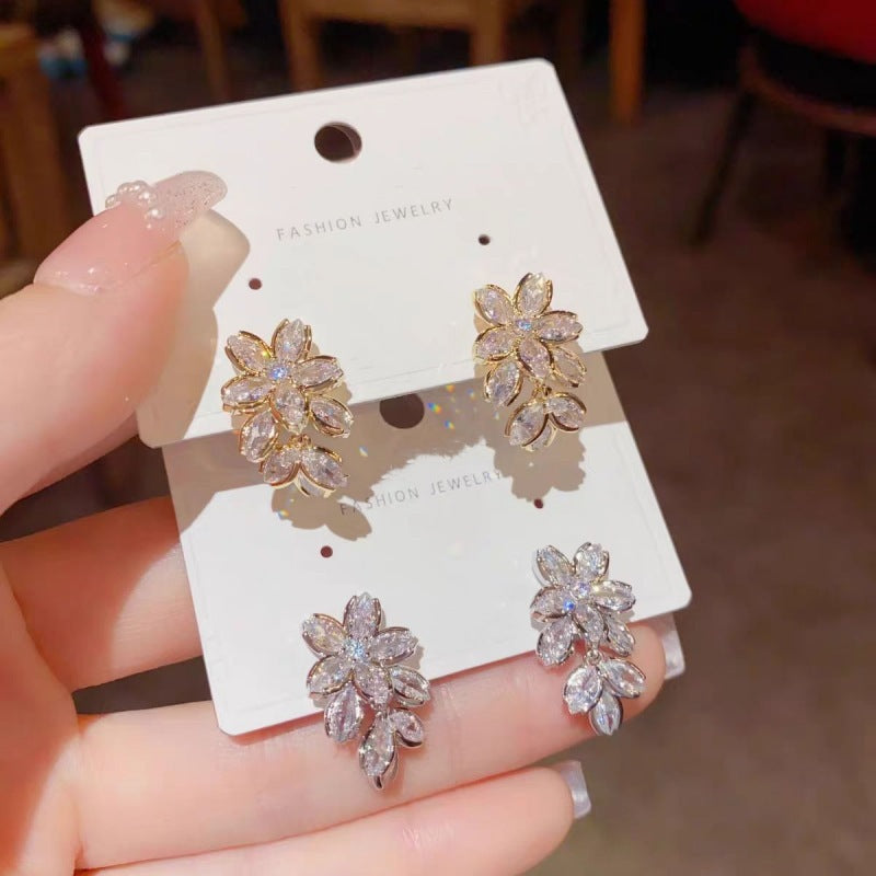 Popular Micro Inlaid Zircon Flower Tassel Earrings Personality