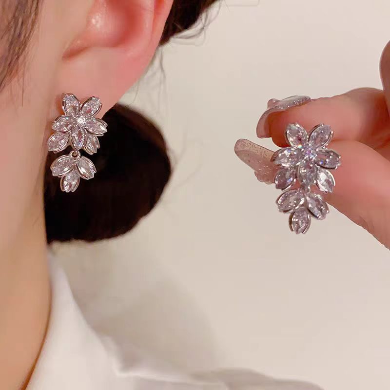 Popular Micro Inlaid Zircon Flower Tassel Earrings Personality