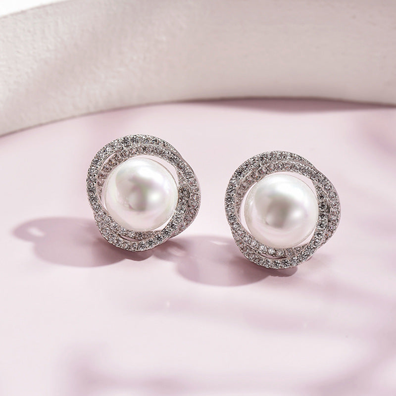 Diamond Rose Pearl Stud Earrings All-match Silver Needle Inlaid With Rhinestone