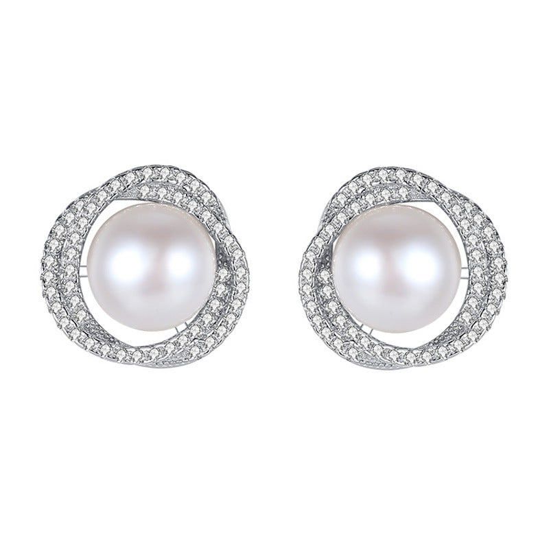 Diamond Rose Pearl Stud Earrings All-match Silver Needle Inlaid With Rhinestone