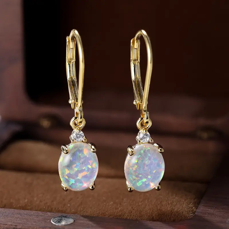 Micro Inlaid Zircon White Gold Plated Opal Earrings