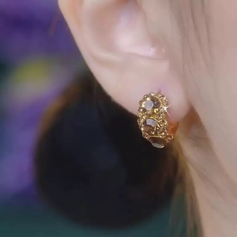 Diamond-embedded Brown Zircon Hoop Earrings
