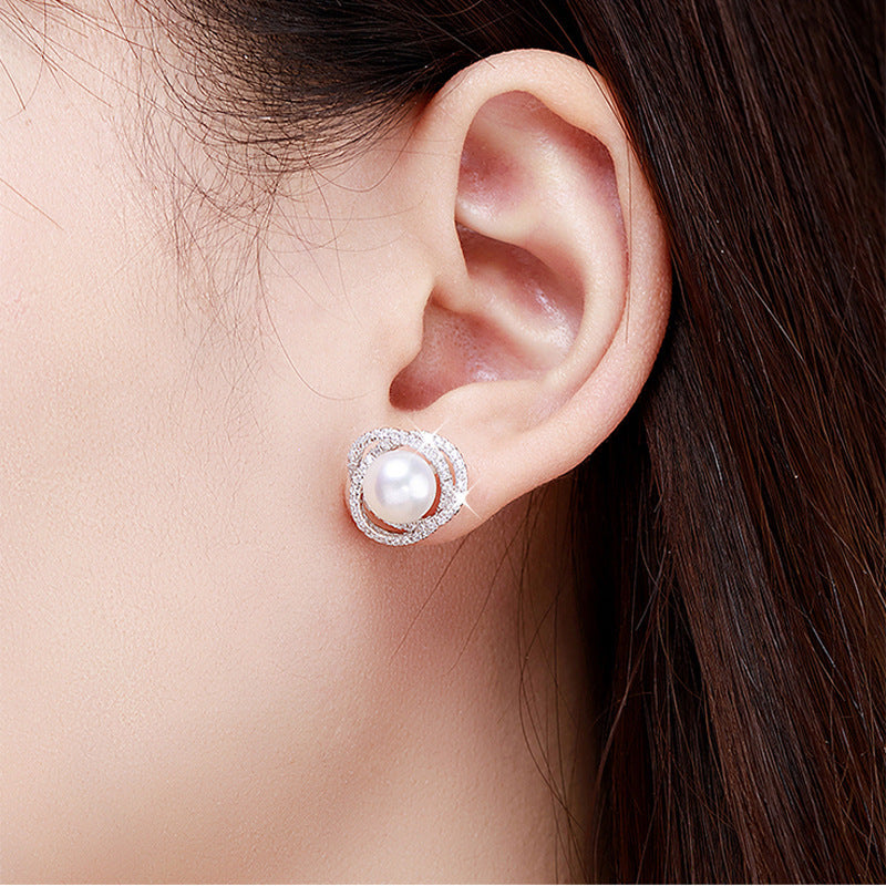 Diamond Rose Pearl Stud Earrings All-match Silver Needle Inlaid With Rhinestone