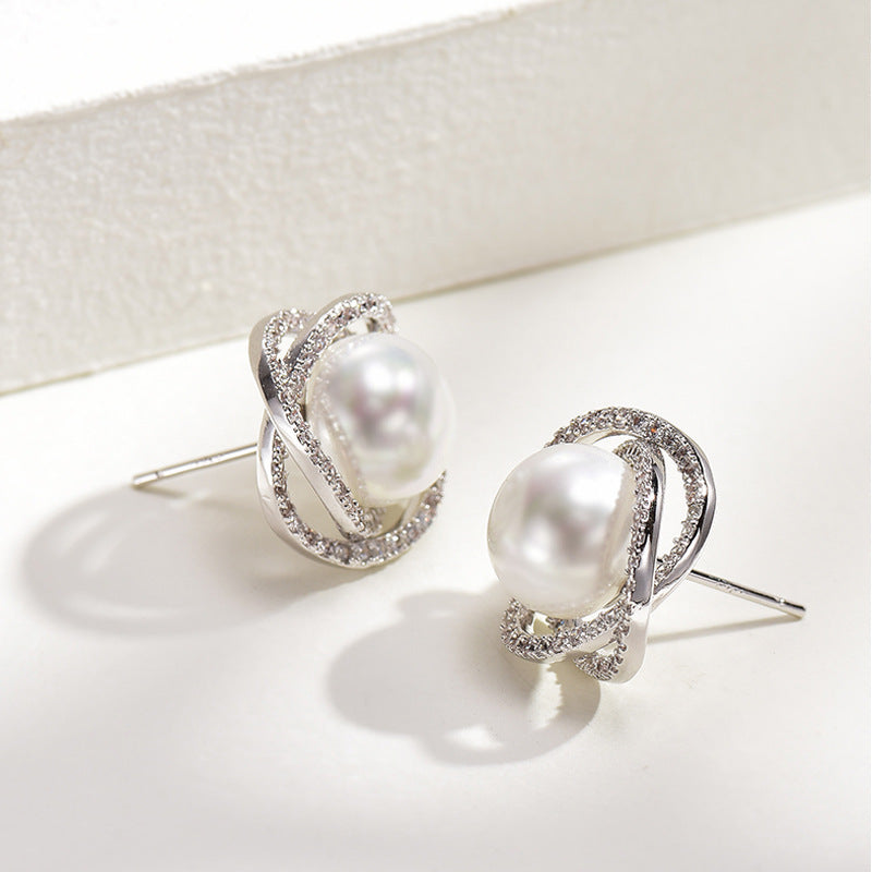 Diamond Rose Pearl Stud Earrings All-match Silver Needle Inlaid With Rhinestone
