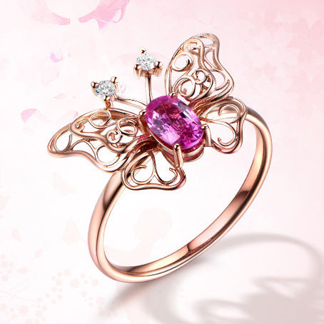 Fashion Hollowed-out Butterfly Tourmaline Open Ring