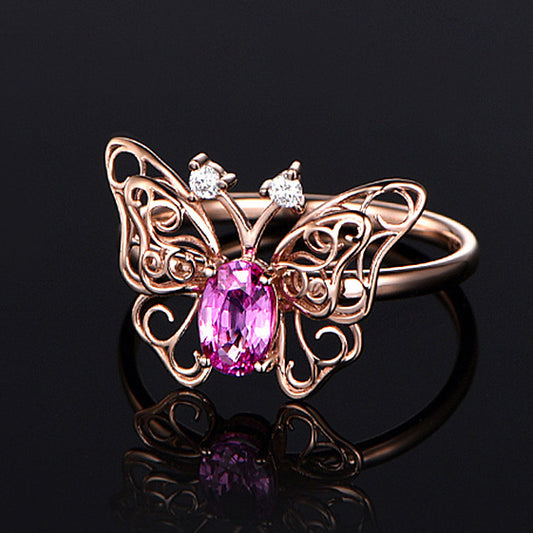 Fashion Hollowed-out Butterfly Tourmaline Open Ring