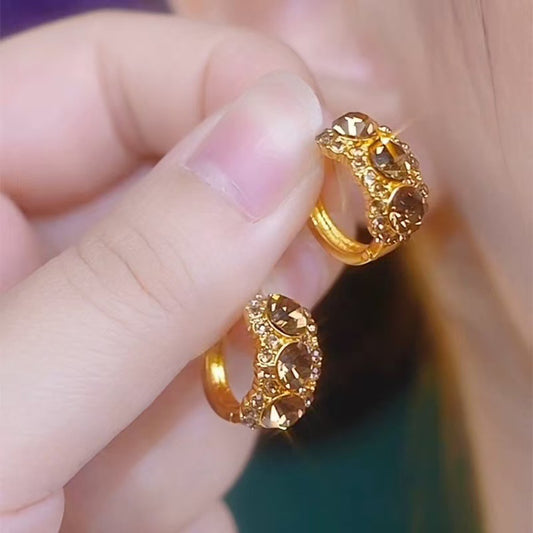 Diamond-embedded Brown Zircon Hoop Earrings