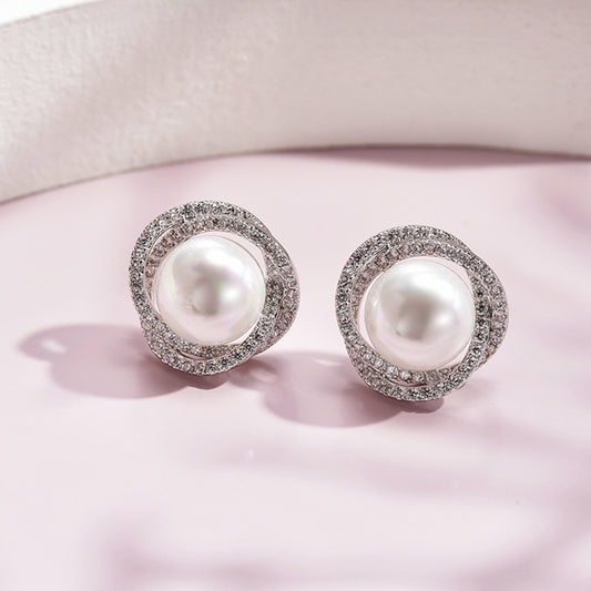 Diamond Rose Pearl Stud Earrings All-match Silver Needle Inlaid With Rhinestone